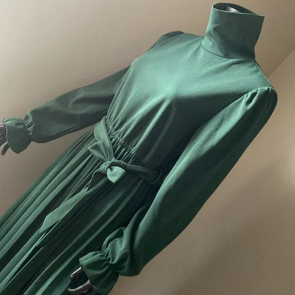 Elegant Green Long Sleeve Pleated Dress - Picture 5 of 12